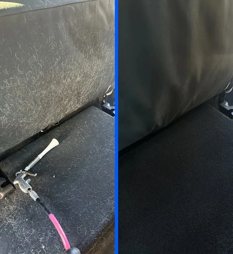 Before and after pet hair removal from vehicle carpet