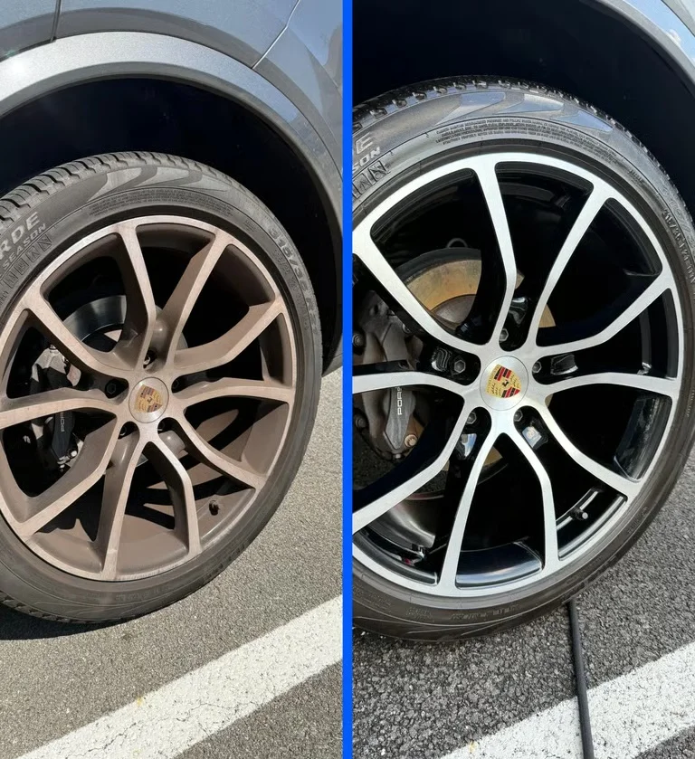 Before and after wheel cleaning and tire detailing